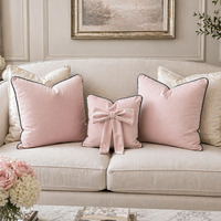 Plush Velvet Bespoke Cushion Set With Piping Soft Pink And Grey - Pink