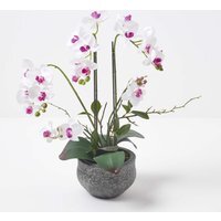 Homescapes 52cm Lifelike Artificial White Orchid in Grey Cement Pot - White