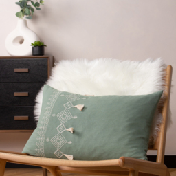 Pritta Cotton Embroidered Tasselled Cushion - Eucalyptus - thumbnail 2