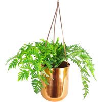 Hanging Copper Planter with Artificial Evergreen Fern Plant - Green