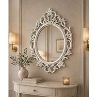 Oval Ornate Baroque Wall Mirror White-Rustic Frame 69x48Cm - Whitey Rustic