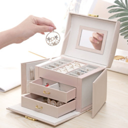 Lockable 5 Tiers Faux Leather Jewellery Storage Box - Pink - thumbnail 2