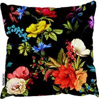 Poppy, Wild Roses, Cornflower With Leaves On Black Cushion - Red / 60cm
