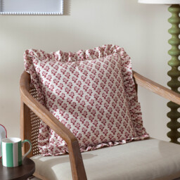 Lulah Block Printed Ruffle Cushion - Linen/Red / Polyester - thumbnail 3