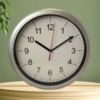 Silver Round Quartz Wall Clock Battery Operated 24cm Minimalistic - White & Silver