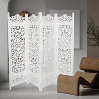 4 Panel Heavy Carved Room Divider Wooden Screen Lotus - White / White