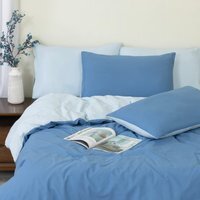 100% Cotton Reversible Blue Duvet Cover Set with Pillowcases, Button Closure - Double - Blue / Single