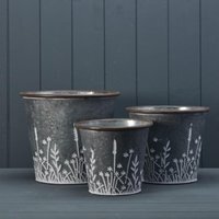 Grey Set of Three Rustic metal planters with Meadow design - Grey