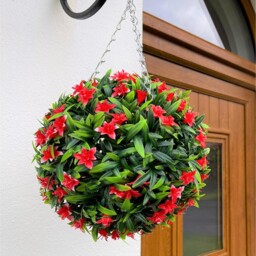 Best Artificial 28cm Red Lily Hanging Basket Flower Topiary Ball - Red - thumbnail 5