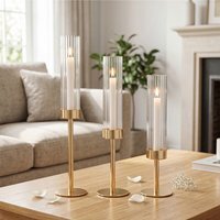 Candle Holder Gold Metal Glass Tube Candlestick Holders Set of 3 Decor - Yellow