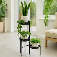 Three Tier Planter Pot Flowerpot Stand Black Iron Weatherproof Shelves - Black - thumbnail 1