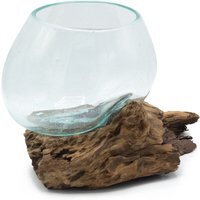 Molten Glass on Wood Bowl Handcrafted Recycled Art Vase from Bali - Turquoise