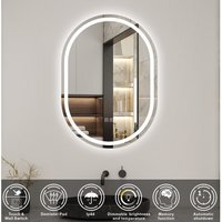 Oval Bathroom Mirror with Speaker, 3 Colours LED Lights - White / 600mm