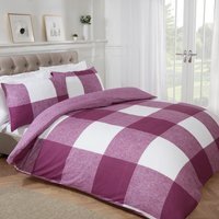 Luxury Gingham Check Plain Reversible Duvet Cover With Pillowcases - Plum