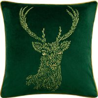 Forest Fauna Stag Velvet Piped Cushion - Emerald/Gold / Feather - image 1