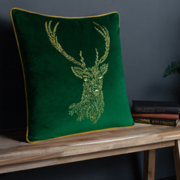 Forest Fauna Stag Velvet Piped Cushion - Emerald/Gold / Feather - thumbnail 2