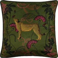 Tropical Cheetah Velvet Piped Cushion - Khaki / Polyester