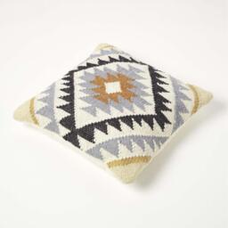 Agra Handwoven Gold and Black Kilim Cushion with Feather Filling - Multi-Coloured - thumbnail 4