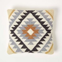 Agra Handwoven Gold and Black Kilim Cushion with Feather Filling - Multi-Coloured