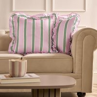 OHS Striped Frill Cushion Covers - Pink/Green / Machine washable at 40°C. Tumble dry friendly. Do not bleach or iron.
