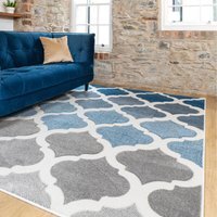 Trellis Geometric Carved Bedroom Living Area Rug - Blue Grey / 280 x 190cm - image 1