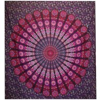 Double Cotton Bedspread  Wall Hanging - Peacock Mandala, Purple - Purple