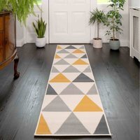 Geometric Diamond Living Room Rug - Grey & Ochre / 320 x 80cm - thumbnail 1