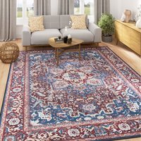 Burgundy Traditional Washable Rug - Blue Navy / 80cm x 150cm (Small) - thumbnail 1