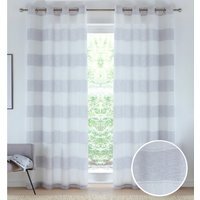 Eyelet Header Sheer Linen-Look Voile Panels with Horizontal Stripe Design Pair - Grey / 137cm