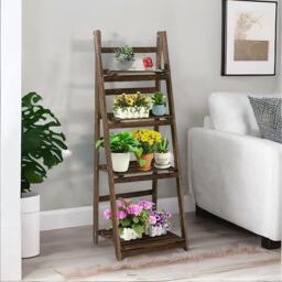 4 Tier Free Standing Ladder Shelf Wooden Plant Stand - Natural Brown - thumbnail 3