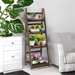 4 Tier Free Standing Ladder Shelf Wooden Plant Stand - Natural Brown - thumbnail 4