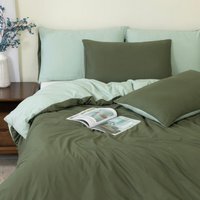 Reversible Forest Green Single Duvet Cover Set - Premium 100% Cotton Percale, Button Closure. - Forest Green / Double