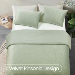 Velvet Embossed Leaf Pattern Duvet Set - Sage / King - thumbnail 4