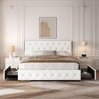 Yaheetech Faux Leather Upholstered Bed Frame with Storage - Cream / King