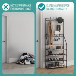 Coat Stand with Shoe Storage Shelves and 8 Hooks - White / 4 - thumbnail 2