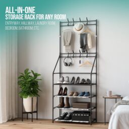 Coat Stand with Shoe Storage Shelves and 8 Hooks - White / 4 - thumbnail 5
