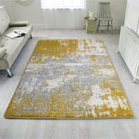 Yellow Grey Distressed Abstract Living Room Rug - Ochre / 150 x 80cm - image 1