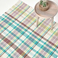 Homescapes Wilson Handwoven Tartan 100 Cotton Rug - Blue/Green / 120cm - thumbnail 1