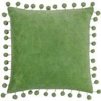 Dora Square Velvet Pom Pom Cushion 45 x 45cm - Leaf Green / Feather