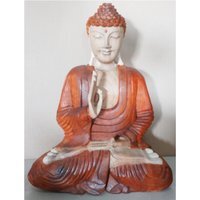 Hand Carved Suar Buddha Statue, Wood Natural Unique Art - Brown / 0.1cm