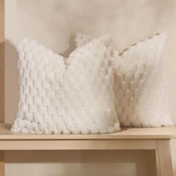 Pack Of Waffle Fleece Faux Fur Cushion Covers - Cream / 2 - thumbnail 3