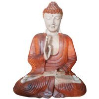 Suar Wood Buddha Statue, Hand Carved Natural Unique Art - Orange