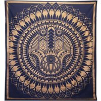Double Cotton Bedspread  Wall Hanging - Hamsa Blue Gold Art - Blue