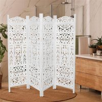 4 Panel Heavy Carved Room Divider Wooden Screen Leaves - White / White