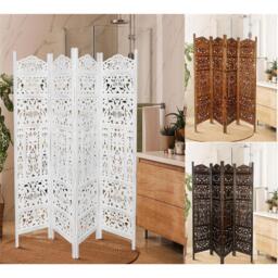 4 Panel Heavy Carved Room Divider Wooden Screen Leaves - White / White - thumbnail 2