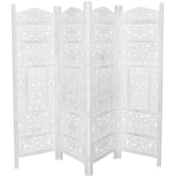 4 Panel Heavy Carved Room Divider Wooden Screen Leaves - White / White - thumbnail 4