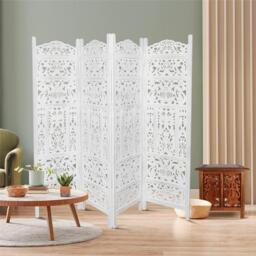 4 Panel Heavy Carved Room Divider Wooden Screen Leaves - White / White - thumbnail 3
