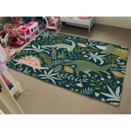 Hand Drawn Dinosaurs And Tropical Leaves And Flowers. Designer Rug - Green / 150cm - thumbnail 2
