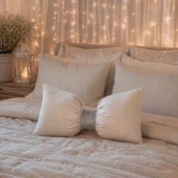 Medium Plush Velvet Bow Cushion - Cream - thumbnail 2