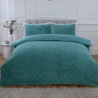 Luxury Check Teddy Polyester Fleece Duvet Cover Set with Pillowcase - Duck Egg / Double - thumbnail 1